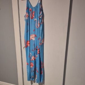 NWOT Light Blue Flamingo-Print Spaghetti-Strap Jumpsuit